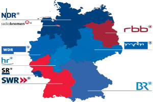 Eine Deutschlandkarte mit Provinzen in rot und blau, die die Ergebnisse der Wahl von 2016 zeigt, einschließlich der Namen der Kandidaten und des Wahldatums.