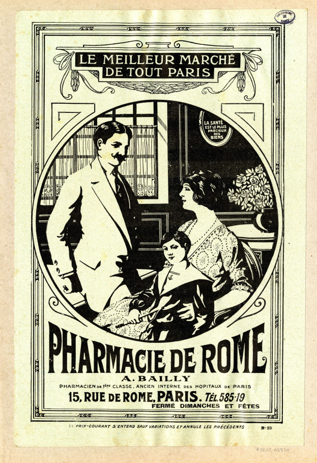 Schwarze-Wei├če-Reklame für eine Apotheke in Rom mit einem Mann und einer Frau nebeneinander mit Text, der die Apotheke und ihre Dienstleistungen beschreibt.