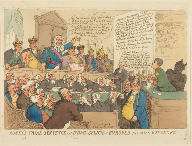 Cartoon courtroom scene with a standing man in the center, a table with objects on the right, and text at the bottom reading "Boney's Trial, Sentence, and Dying Speech Europe's Injuries Revenged".