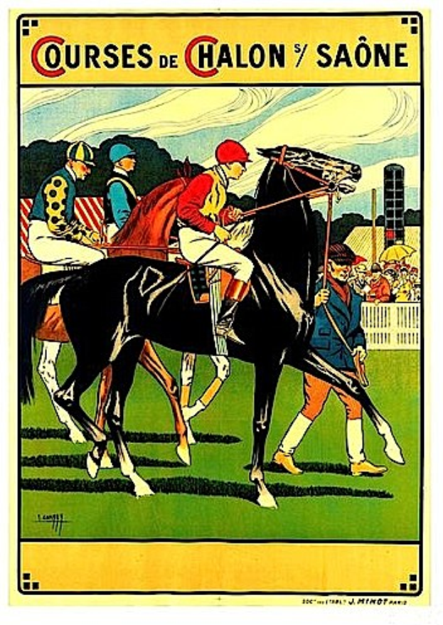 Plakat, das ein Pferderennen mit Jockeys auf Pferden zeigt, umgeben von einer Menge, einem Zaun, Bäumen und einem bewölkten Himmel, mit Text, der die Rennstrecken beschreibt.