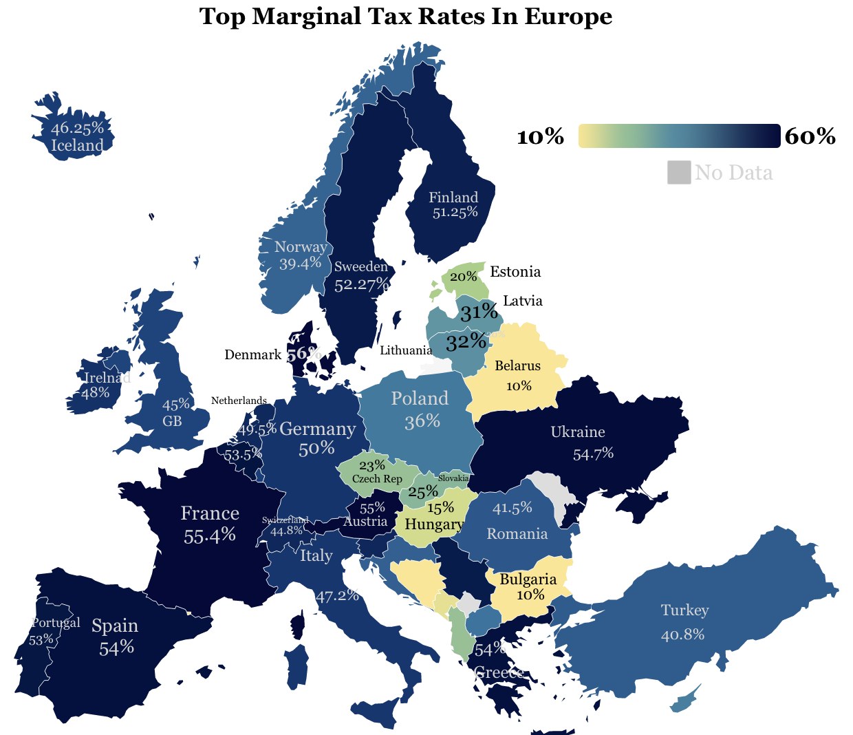 Eine Europakarte, die die höchsten Steuersätze pro Land anzeigt, mit der Überschrift "Höchste Steuersätze in Europa."
