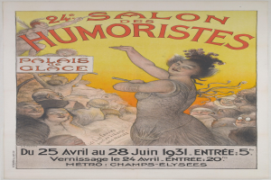 Plakat für den Salon des Humoristes in Paris mit einer Frau inmitten einer Menge und Event-Text.