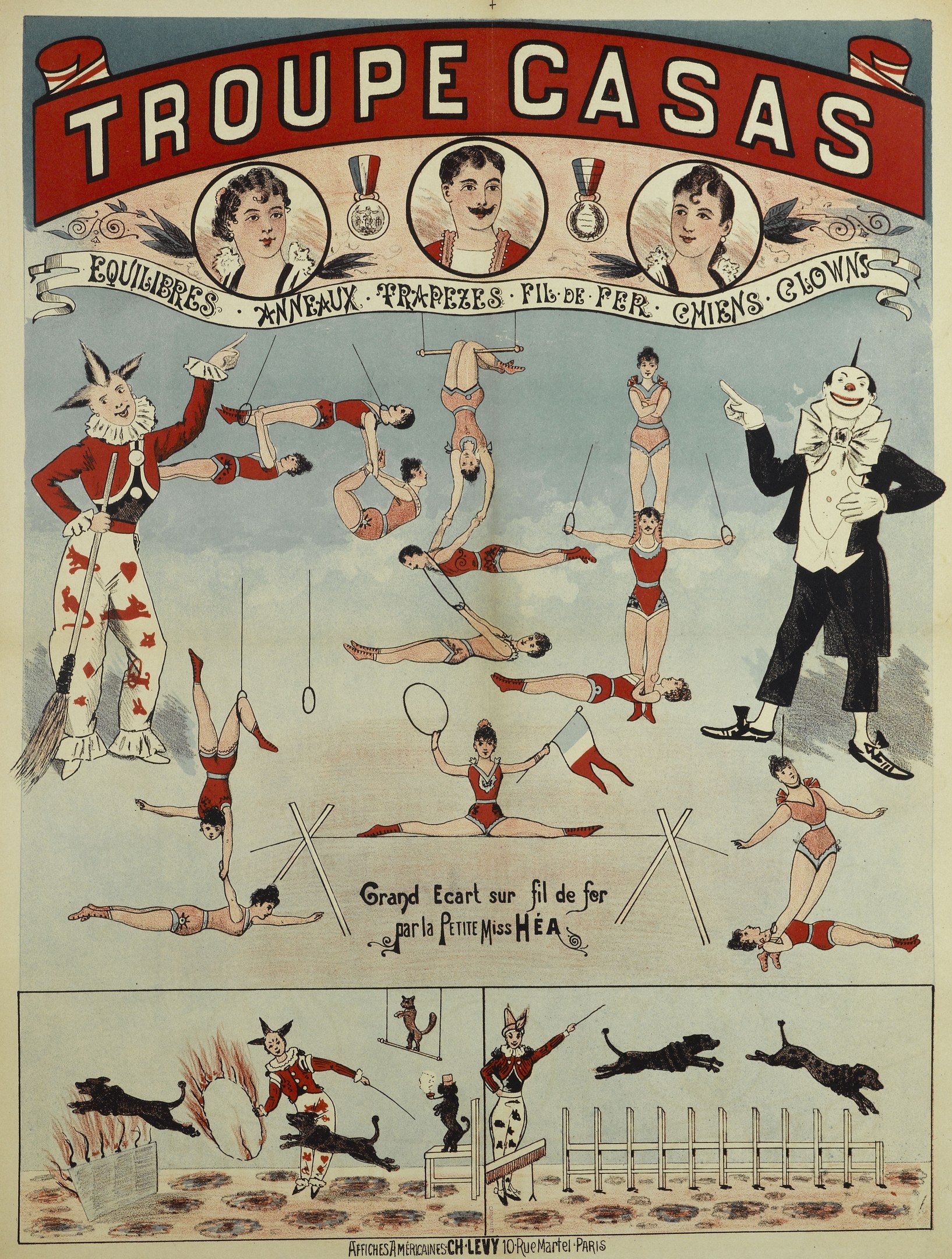 Plakat, das die 'Troupe Casas' Zirkus in Paris ankündigt, mit Performern in bunten Kostümen und Masken neben Tierbildern.