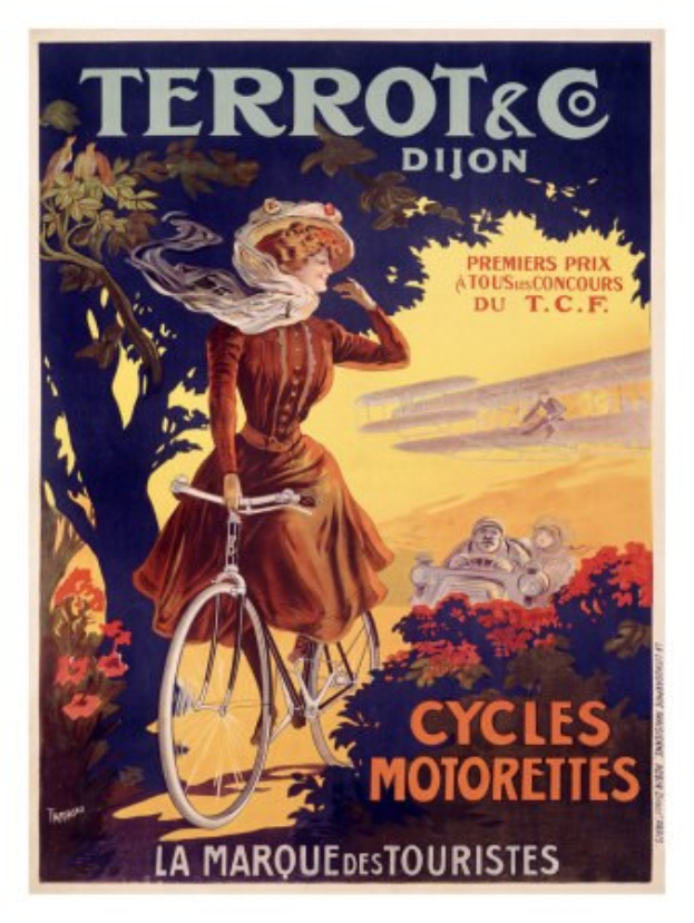 Ein Plakat, das eine Fahrradtour in Frankreich ankündigt und eine Frau zeigt, die auf einem Fahrrad durch eine Landschaft mit Bäumen, Blumen und anderen Radfahrern fährt, mit Text, der die Tour beschreibt.