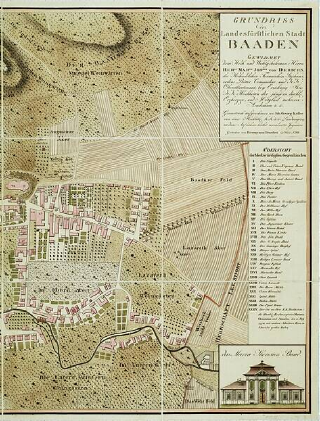 Ein detailliertes altes Stadtplan von Baden-Württemberg, Deutschland, das Straßen, Gebäude und Sehenswürdigkeiten zeigt, mit einem Gebäude in der rechten unteren Ecke und Text, der Stadtinformationen bereitstellt.