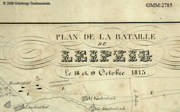 Ein detailliertes altes Schlachtfeld von Leipzig, das verschiedene Schlachten zeigt und mit Texten über das Datum, die Uhrzeit und den Ort versehen ist.