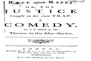 Schwarzes und weißes Plakat mit fetter schwarzer Schrift, die "Vergewaltigung auf Vergewaltigung oder die Gerechtigkeit in ihrer eigenen Falle gefangen" lautet, wahrscheinlich Ankündigung einer Comedy-Show.