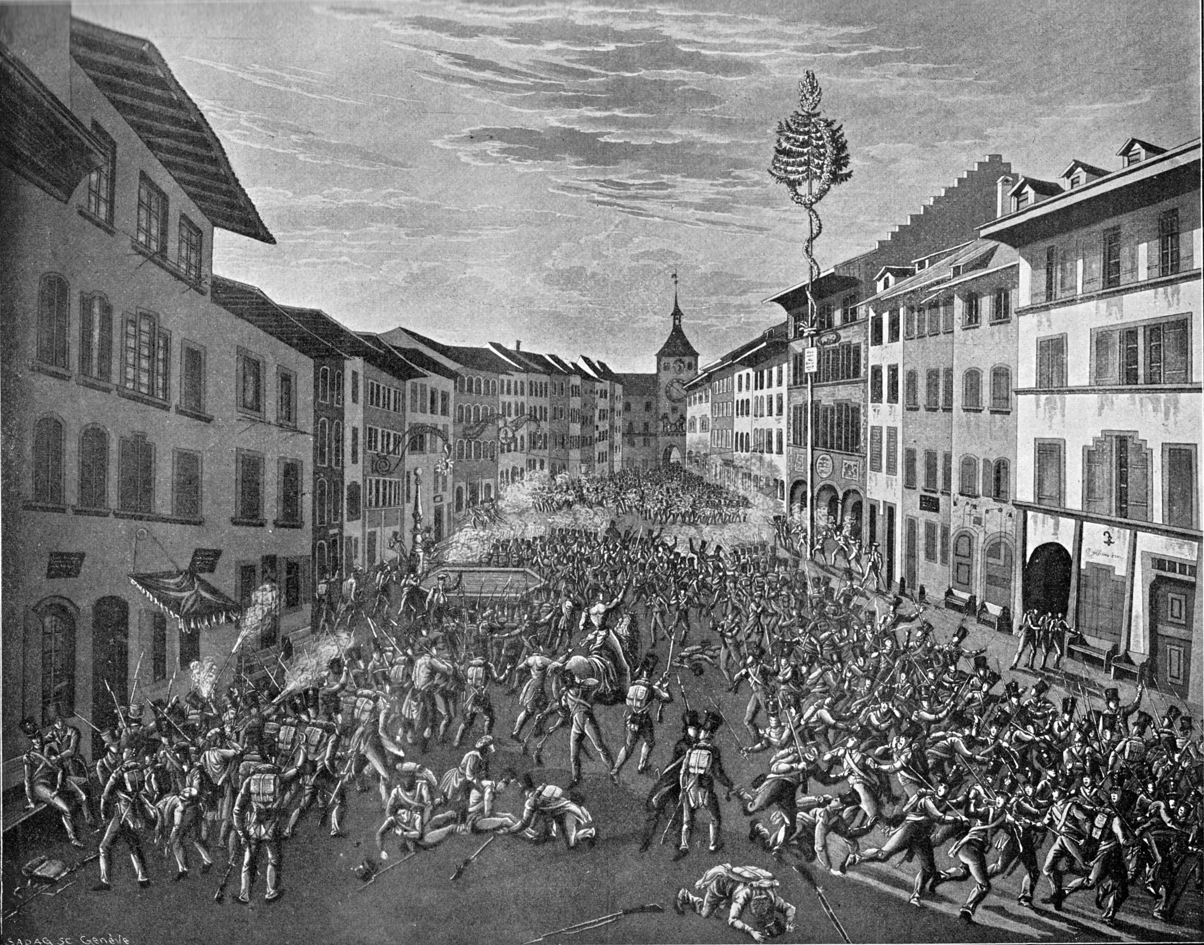 Schwarze und weiße Zeichnung einer Menge auf einer Stadtstraße mit Gebäuden und Himmel, betitelt "The Battle of Stuttgart" unten.