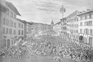 Schwarze und weiße Zeichnung einer Menge auf einer Stadtstraße mit Gebäuden und Himmel, betitelt "The Battle of Stuttgart" unten.