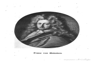 Schwarzes und wei├čes Portr├Ąt von Franz von Meinders, einem deutschen Komponisten mit langen lockigen Haaren, mit deutschem Text unten.