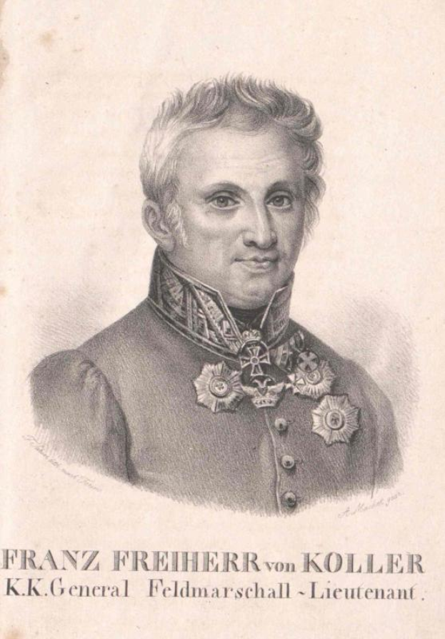 Porträt von Franz Freiherr von Koller, einem deutschen General in militärischer Uniform, mit Text am unteren Bildrand.