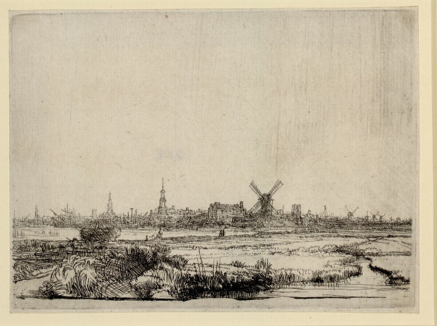 Eine Zeichnung einer Stadtlandschaft mit Windrädern im Hintergrund, die Gebäude, Bäume und Wasser zeigt, alles in einem Foto Rahmen.