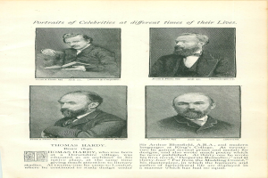 Altes Buchcover mit vier Porträts bärtiger Männer, wobei das mittlere Porträt einen Mann in Anzug und Krawatte zeigt, betitelt mit "Porträts von Prominenten zu verschiedenen Zeiten ihres Lebens".