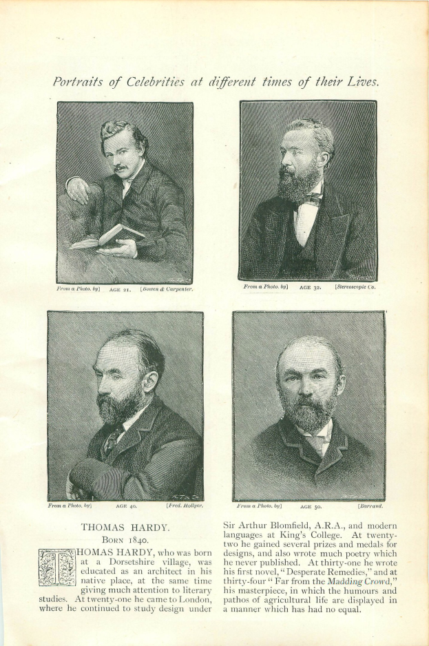 Altes Buchcover mit vier Porträts bärtiger Männer, wobei das mittlere Porträt einen Mann in Anzug und Krawatte zeigt, betitelt mit "Porträts von Prominenten zu verschiedenen Zeiten ihres Lebens".