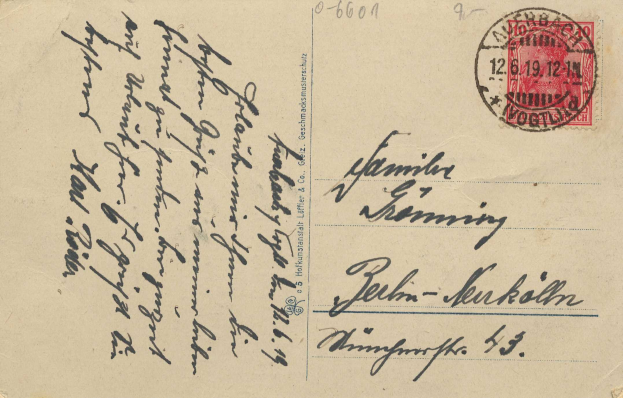 Alte deutsche Postkartenumschlag mit einem roten Stempel, der den gedruckten Text "Gesimnacks & Co. & Co." zeigt