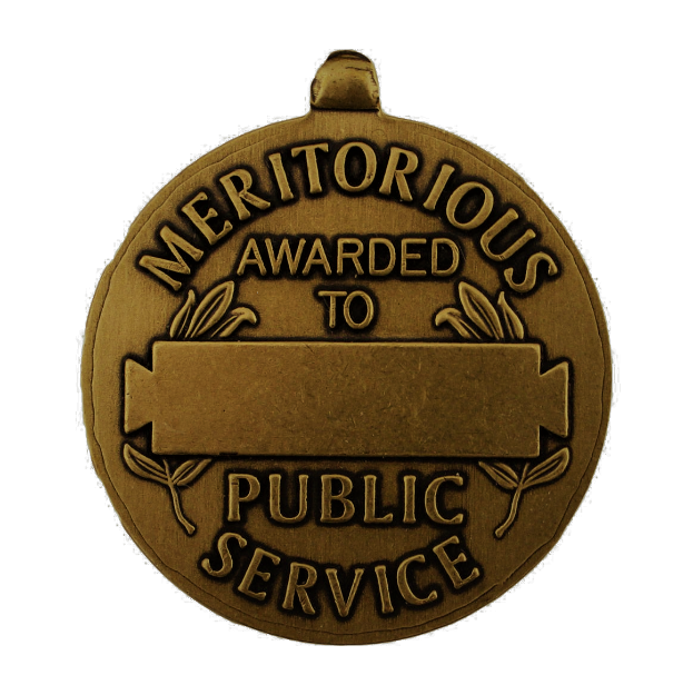 Eine Bronzemedaille mit der Inschrift "Verdienstmedaille für den öffentlichen Dienst" vor einem weißen Hintergrund.