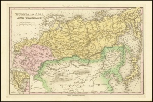 Ein gerahmtes Plakat, das eine Karte von Russland in Asien und Taiwan zeigt, mit Text oben und unten, im Stil eines klassischen Fotos.