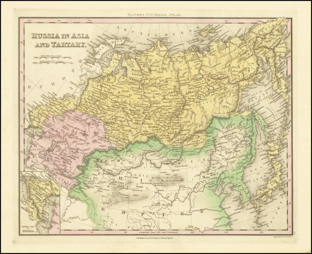 Ein gerahmtes Plakat, das eine Karte von Russland in Asien und Taiwan zeigt, mit Text oben und unten, im Stil eines klassischen Fotos.