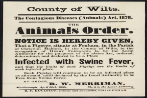 Ein Plakat mit Text, der eine Bekanntmachung nach dem Tierseuchengesetz von 1878 regarding Schweinepest in Wiltshire ankündigt.