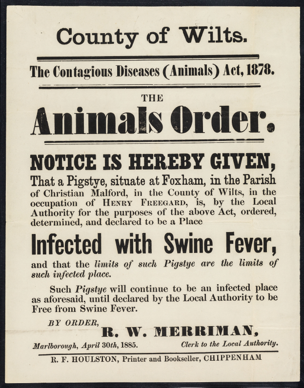 Ein Plakat mit Text, der eine Bekanntmachung nach dem Tierseuchengesetz von 1878 regarding Schweinepest in Wiltshire ankündigt.