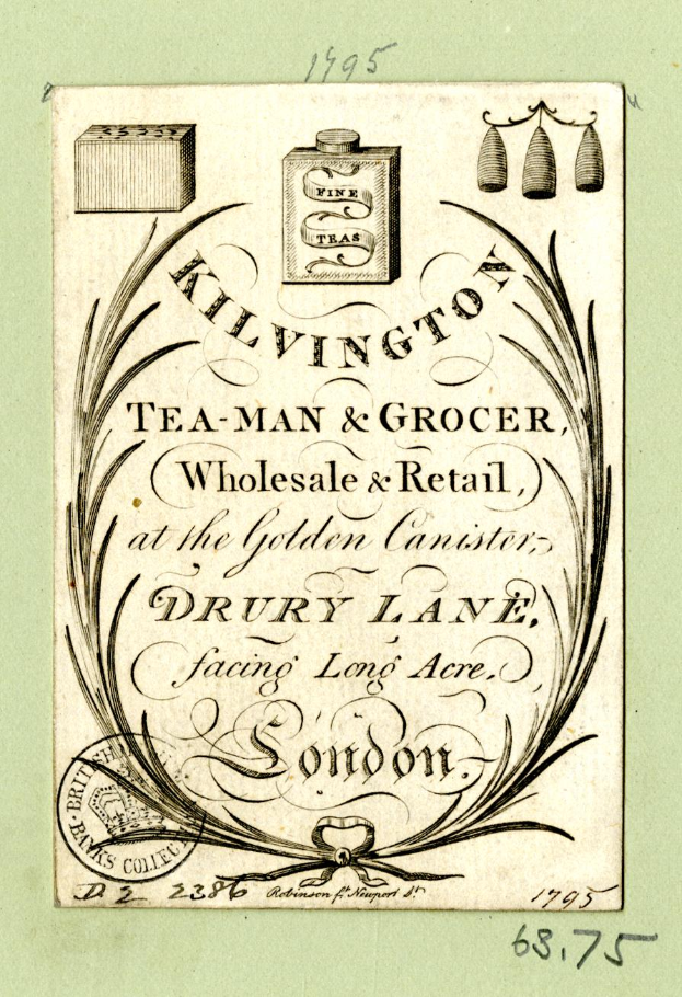 Eine alte Werbung für Kilvington Tea-Man & Grocer, einen Groß- und Einzelhandelsladen, mit Text, der das Angebot des Ladens beschreibt.