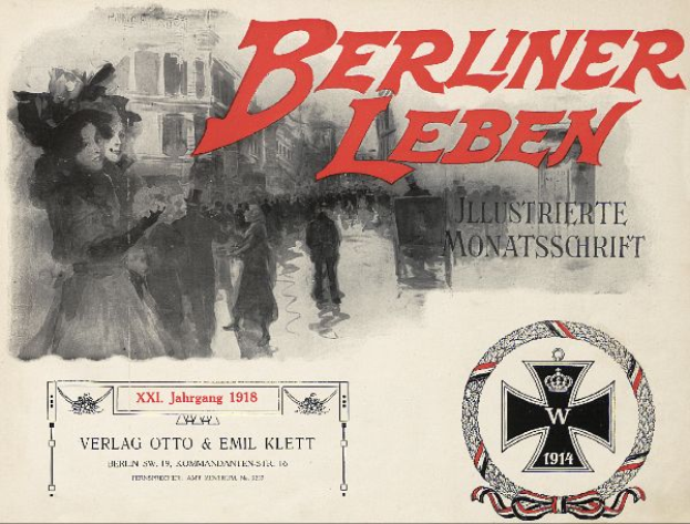 Ein altes Buchcover mit einer Gruppe von Menschen in festlicher Stimmung, Text "Berliner Leben" und ein Logo in Verbindung mit der deutschen Armee.