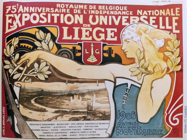 Plakat zum 75-jährigen Jubiläum der Nationalen Ausstellung Universitaire de Liège, das eine Frau mit Blumenstraßus zeigt und Textbeschriftung.