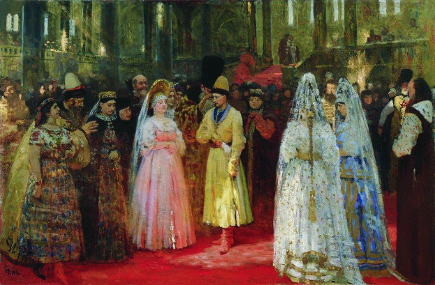 Ein Gemälde, das eine Gruppe von Menschen in traditioneller russischer Hochzeitskleidung zeigt, die auf einem roten Teppich stehen, mit dem Brautpaar in der Mitte, umgeben von Familie und Freunden, vor einem Gebäude im Hintergrund, mit leuchtenden Farben und detaillierter Kleidung.