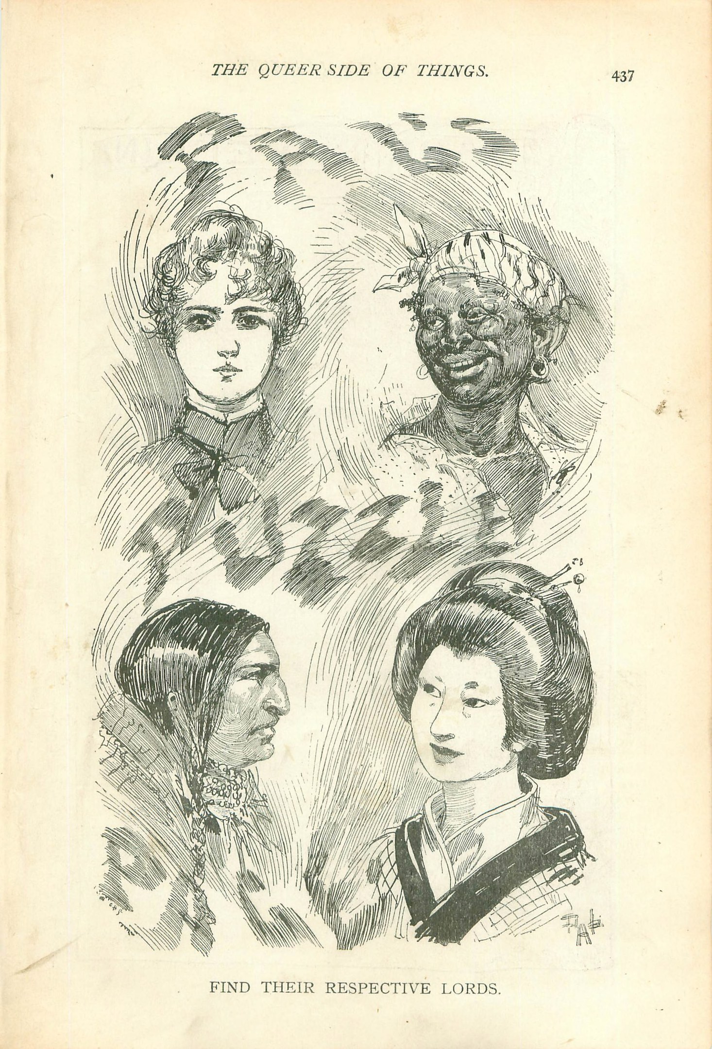 Cover eines alten Buches mit dem Titel "Die queere Seite der Dinge" mit einer Zeichnung von vier Frauenköpfen.