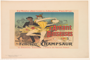 Ein Plakat, das eine Tanzveranstaltung in Paris ankündigt, zeigt einen Mann und eine Frau, die tanzen, wobei der Mann ein Musikinstrument hält und der Text wahrscheinlich das Ereignis beschreibt.