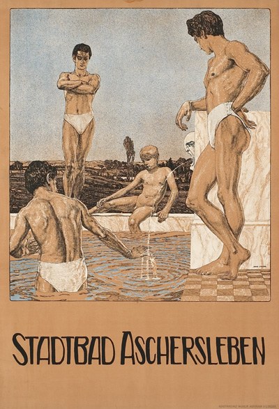 Plakat, das ein Schwimmbad in Aschersleben, Deutschland, zeigt, mit Menschen im Wasser und sitzend sowie Text mit Pool-Informationen.