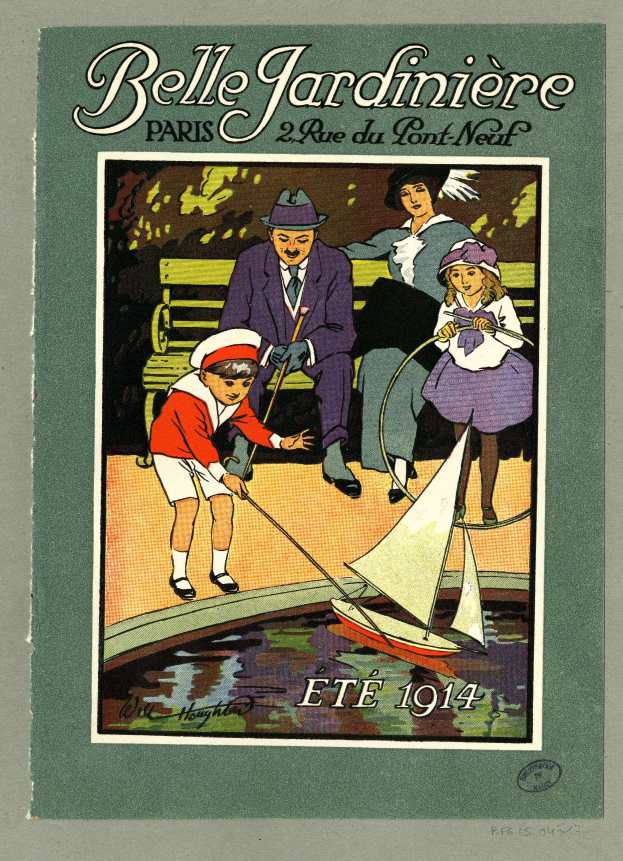 Ein Buchumschlag mit einer Familie von vier Personen auf einer Bank mit einem Boot im Wasser, betitelt mit "Belle Jardiniere Paris".