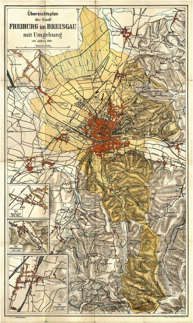 Detailiertes altes Stadtplan von Freiburg, Deutschland, mit Straßen, Gebäuden und Sehenswürdigkeiten, mit Text oben und unten.