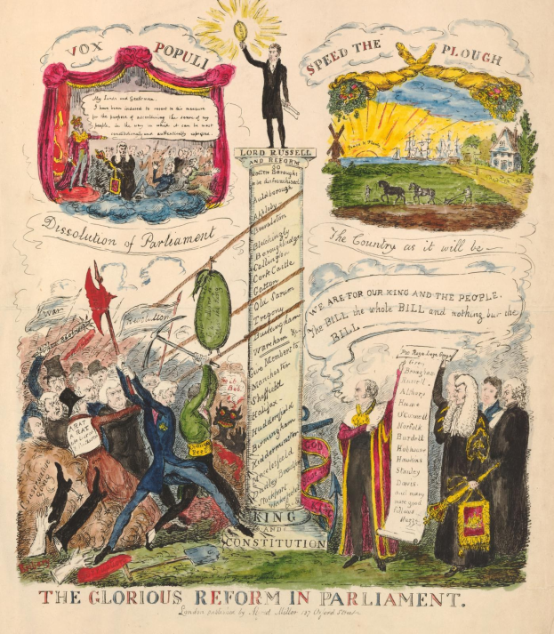 Ein buntes illustriertes Dokument mit der Überschrift "Die glorreichen Reformen im Parlament" mit verschiedenen lächelnden Menschen und fettem Text, das Fortschritt und Hoffnung symbolisiert.