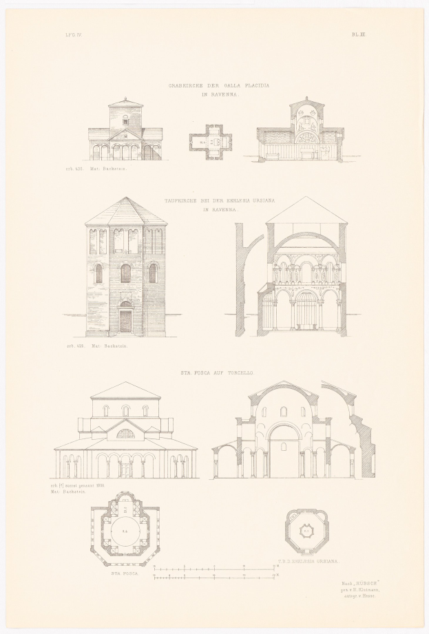 Eine Buchseite mit detaillierten Zeichnungen verschiedener Gebäude mit unterschiedlichen Architekturstilen, begleitet von beschreibendem Text über ihre Geschichte.