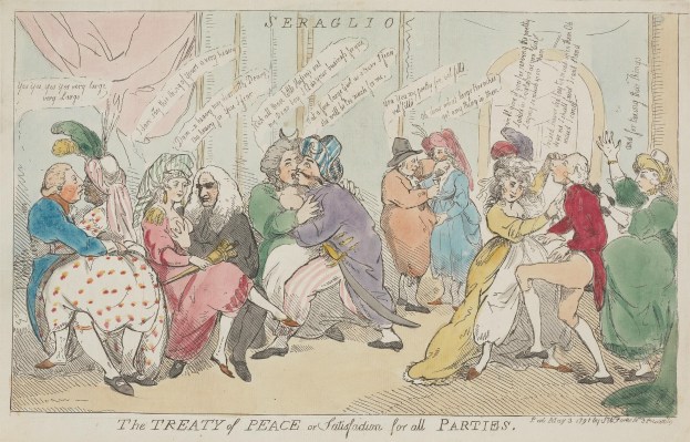 Ein Blatt Papier mit einer Zeichnung von Menschen, einige sitzen und einige stehen, mit dem Text "Der Friedensvertrag für alle Parteien."