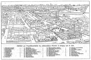 Schwarze und weiße architektonische Zeichnung von Berlin mit Gebäuden, Bäumen und Polen, unten mit der Aufschrift "Günstlers Plan von Berlin".