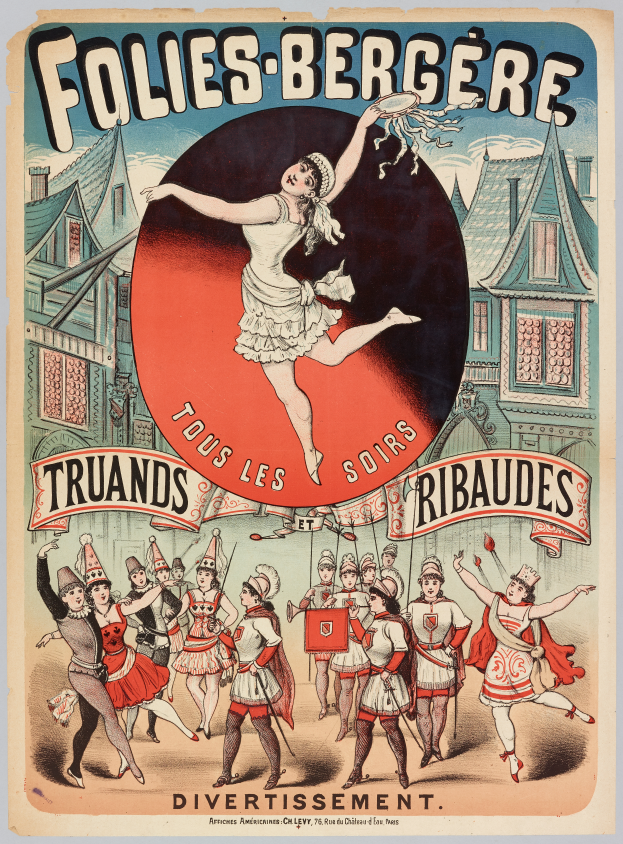 Ein Plakat, das eine Tanzshow in Paris ankündigt, zeigt eine Gruppe von Menschen, die im Vordergrund tanzen, mit Gebäuden im Hintergrund und Text, der die Show beschreibt.