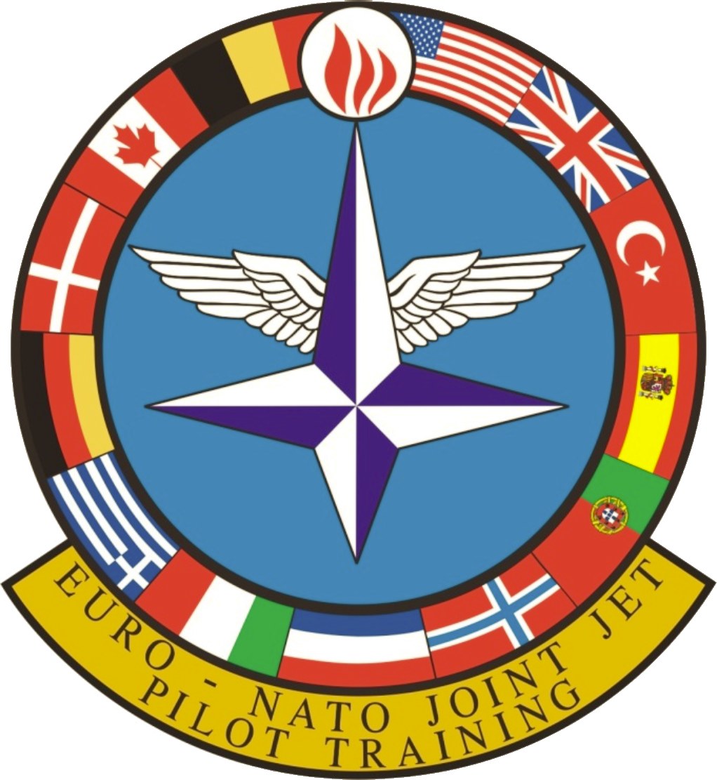 Blauer Kreis mit einem weißen Stern in der Mitte, umgeben von vier farbigen Flaggen und weißer Schrift, die 'NATO Joint Jet' lautet.