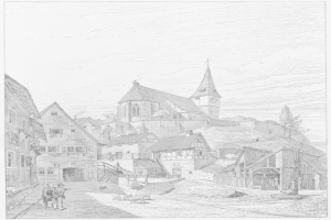 Eine Schwarz-Weiß-Zeichnung einer StraßenSzene in Heidelberg, Deutschland, mit der Kirche der Heiligen Dreifaltigkeit im Hintergrund, umgeben von Gebäuden, Menschen, Tieren, Bäumen und einem Himmel, mit Text unten, der lautet: "Die Kirche der Heiligen Dreifaltigkeit in der Altstadt von Heidelberg, Deutschland."