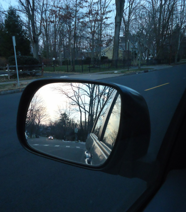 Die Seitenspiegel eines Autos reflektieren Bäume, Gebäude und den Himmel, während es am Straßenrand geparkt ist.