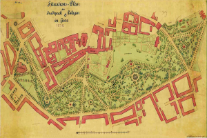 Ein altes Stadtplan von Stuttgart, Deutschland, mit einer grünen Grenze, das detaillierte Gebäude, Straßen und Merkmale zeigt, zusammen mit Text über die Bevölkerung, Lage und Geschichte der Stadt.