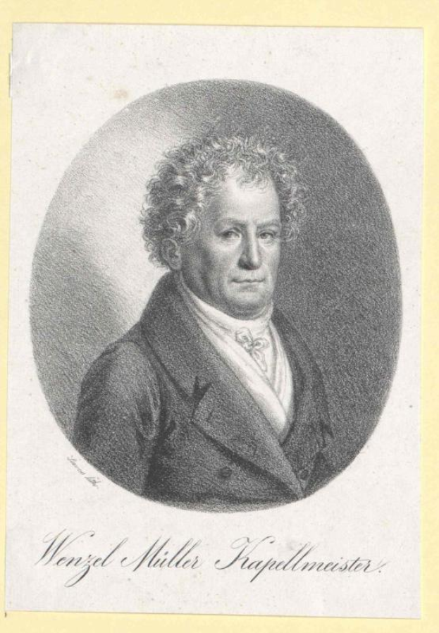 Eine Schwarz-Weiß-Zeichnung eines Mannes in einem Anzug, identifiziert als Wienzel Müller, ein deutscher Komponist und Pianist, der ein Blatt mit Wörtern darauf hält.