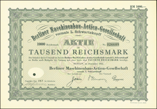 Ein altes deutsches Aktienzertifikat mit schwarzem und grünem Rand, das gedruckten Text enthält.