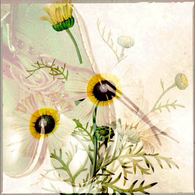 Ein Strauß aus weißen und pinken Blumen mit einem Schuh in der Mitte.