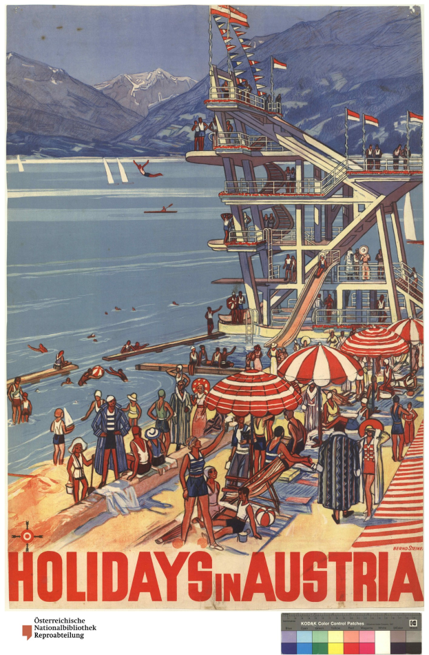 Plakat, das Urlaube in Österreich anpreist, mit Menschen am Strand mit Schirmen, einem Schiff im Hintergrund, winkenden Flaggen, fernen Bergen und Text.