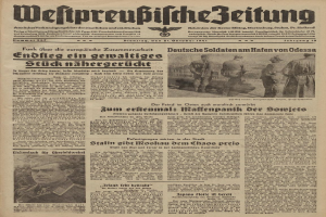 Titelseite einer deutschen Zeitung vom 31. Oktober 1941, die einen Mann in einer schwarzen Militäruniform mit weißem Hemd und schwarzem Hut zeigt, der direkt in die Kamera schaut, mit der Überschrift 'Weltpreußische Zeitung' und einem Logo oben.
