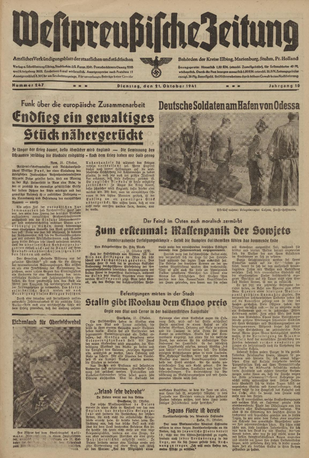 Titelseite einer deutschen Zeitung vom 31. Oktober 1941, die einen Mann in einer schwarzen Militäruniform mit weißem Hemd und schwarzem Hut zeigt, der direkt in die Kamera schaut, mit der Überschrift 'Weltpreußische Zeitung' und einem Logo oben.