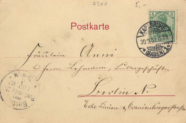 Eine alte Postkarte mit zwei Briefmarken, einer aus Baden-Württemberg und einer mit der Aufschrift "Postkarte".