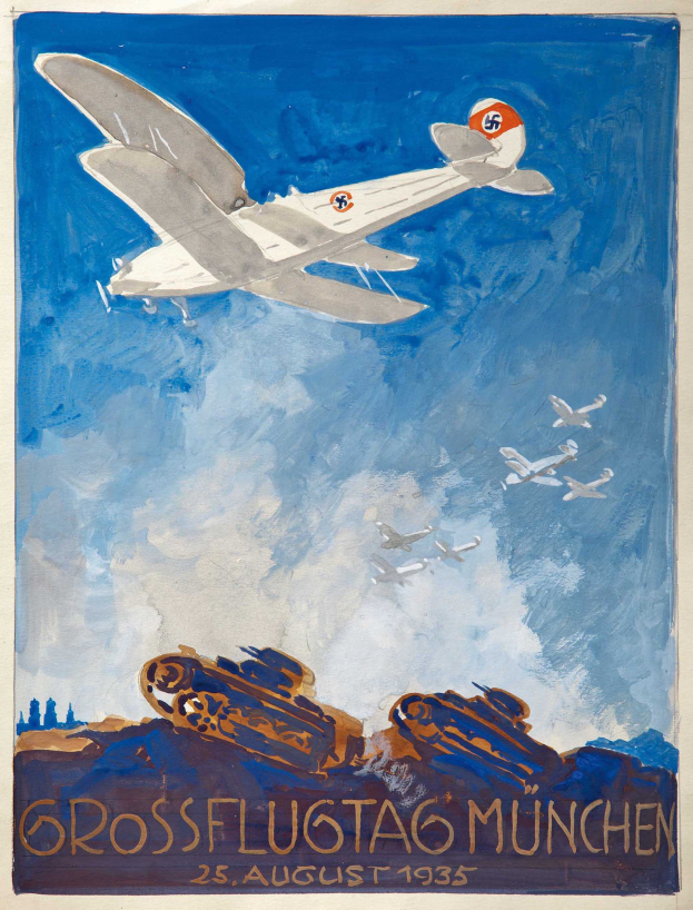 Plakat für das Grossflugtag München-Event am 25. August 1935, das einen Flugzeugflug am Himmel mit anderen Flugzeugen im Hintergrund zeigt.